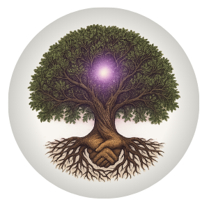 Grounded Vitality Massage logo: a tree with roots transforming into clasped hands and a glowing amethyst orb in the center.